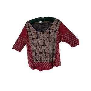 Lucky Brand Womens Top L Red Rust Brown White  RN 80318 Color Block w/Design